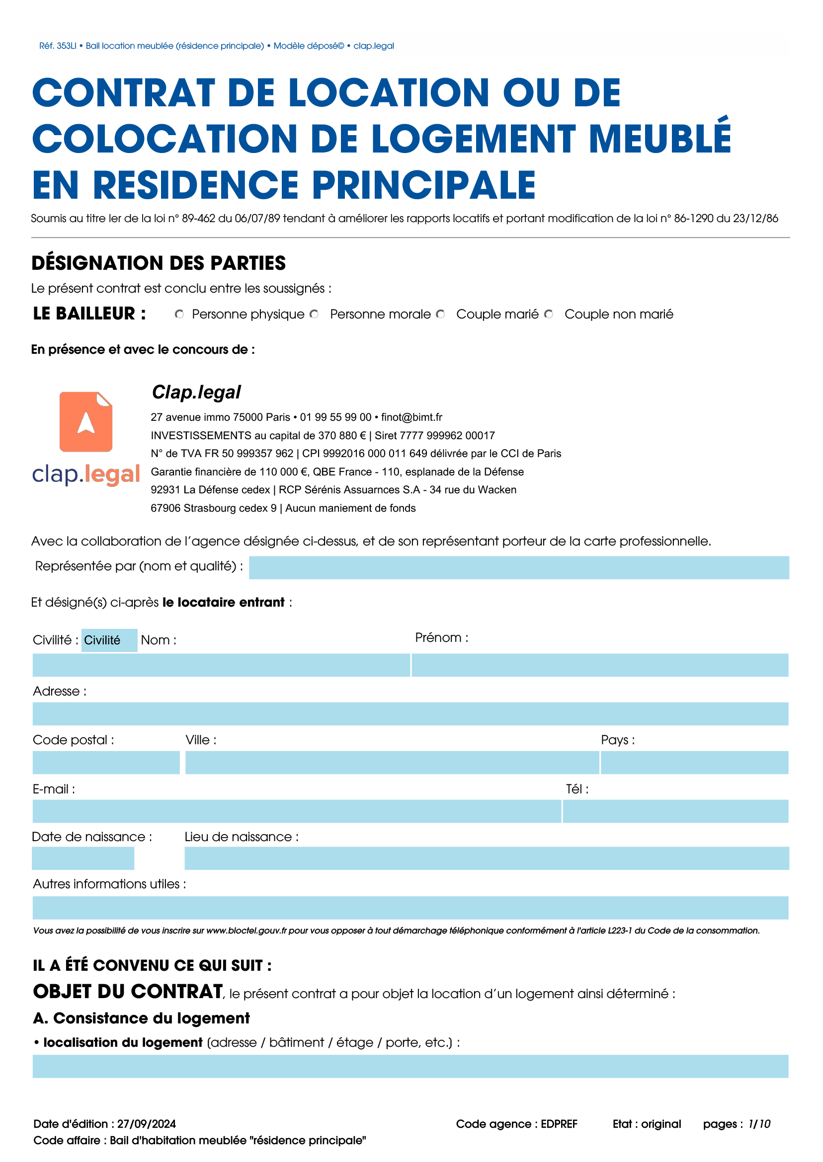 Bail d'habitation meublée "résidence principale"