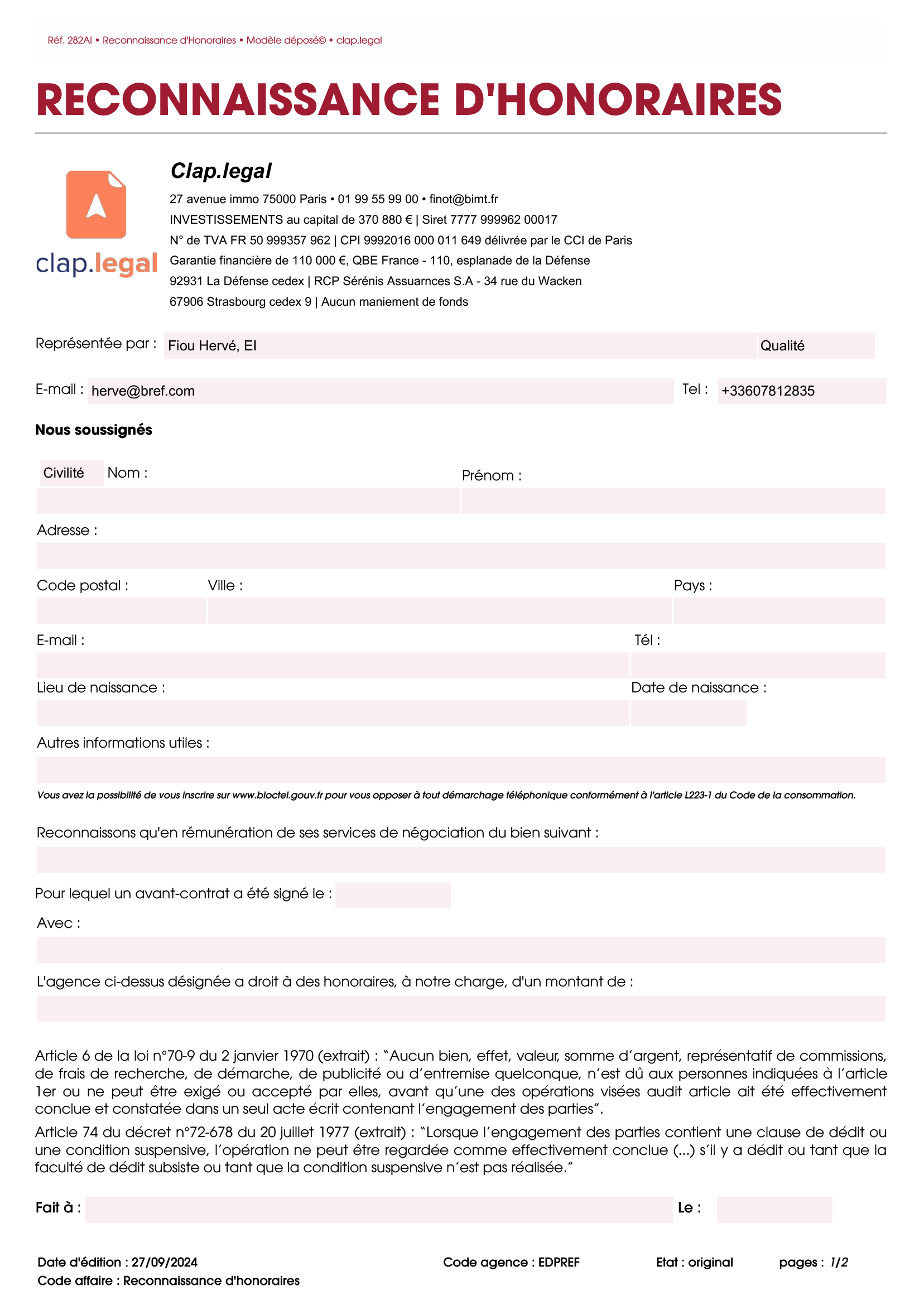 Reconnaissance d'honoraires