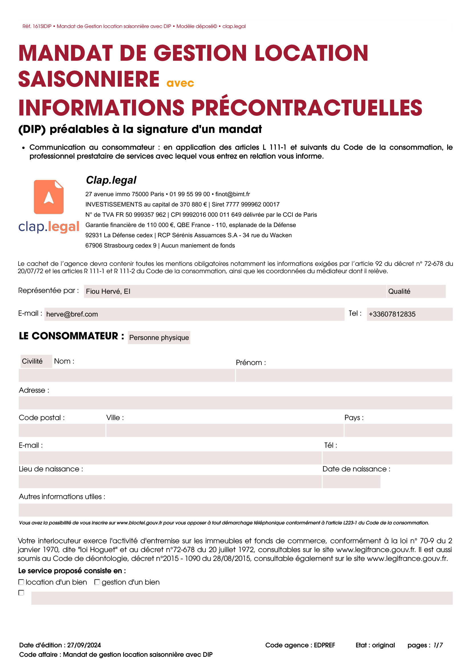 Mandat de gestion location saisonnière avec DIP