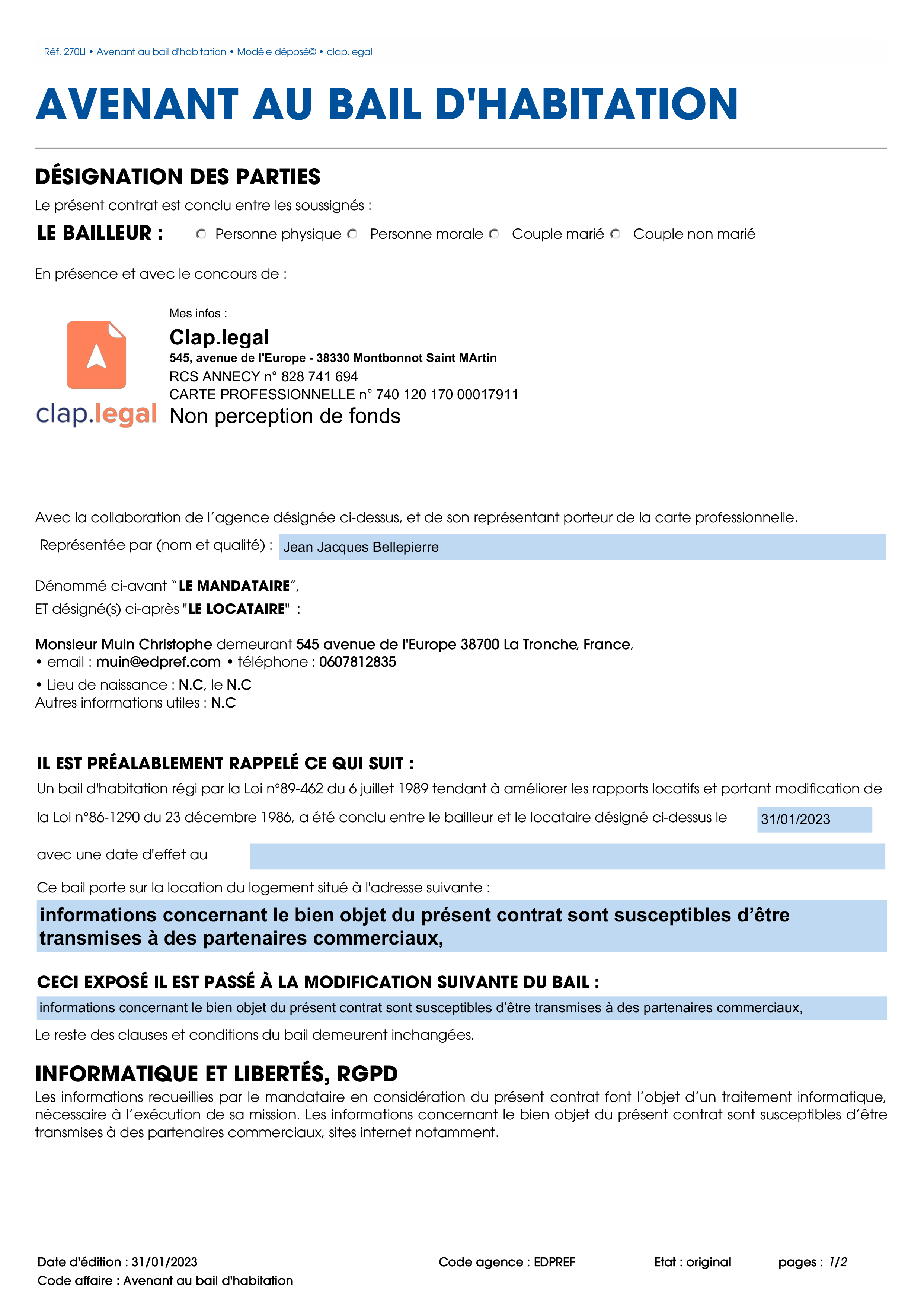 Avenant au bail d'habitation